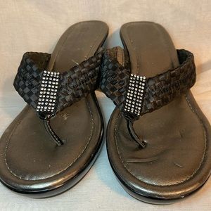 Black Basket Weave Wedge Thong Sandal - 8